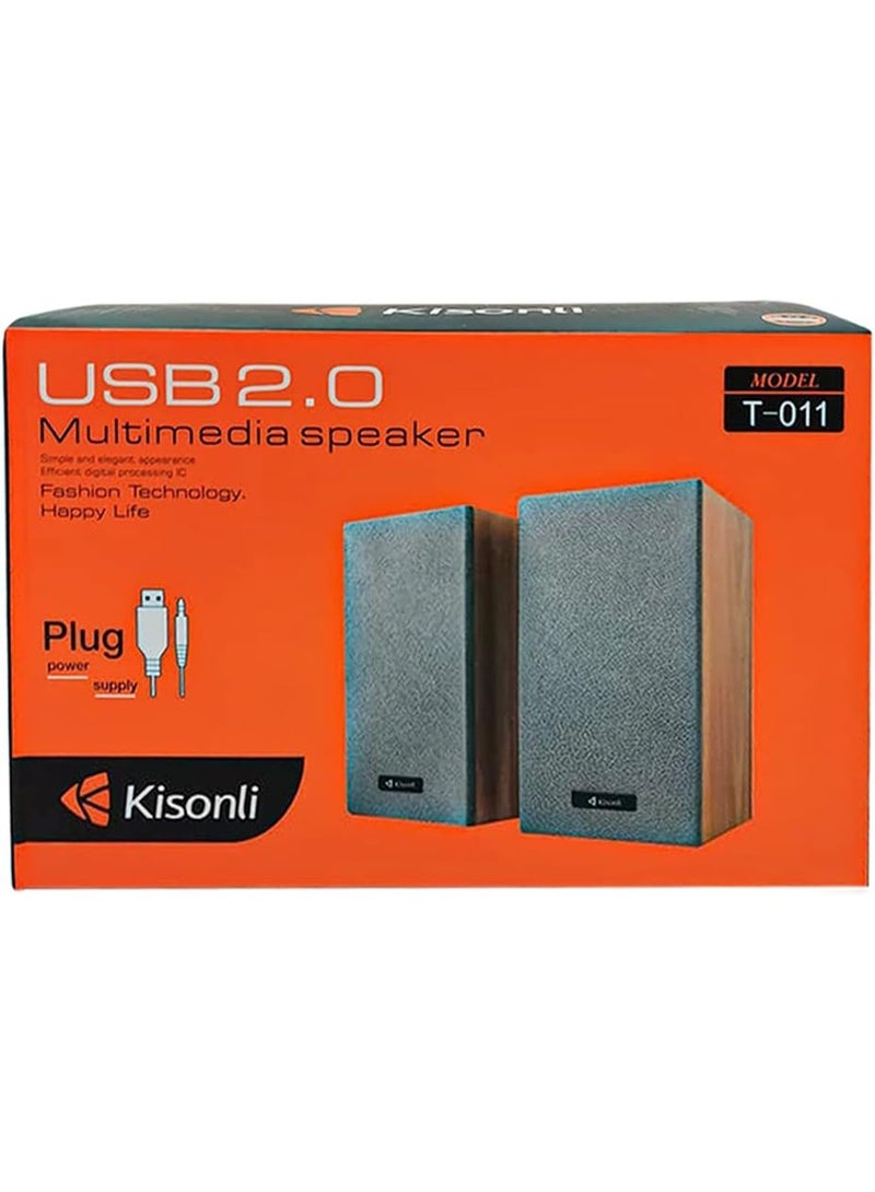 كيسونلي مكبر صوت Kisonli T-011 متعدد الوسائط USB 2.0 ثنائي القنوات - هيكل خشبي، نطاق تردد 20 هرتز - 18 كيلو هرتز، يعمل بجهد 5 فولت تيار مستمر عبر منفذ USB، مدخل AUX مقاس 3.5 ملم لأجهزة الكمبيوتر الشخصية والمحمولة والهواتف الذكية والأجهزة اللوحية - Image 4